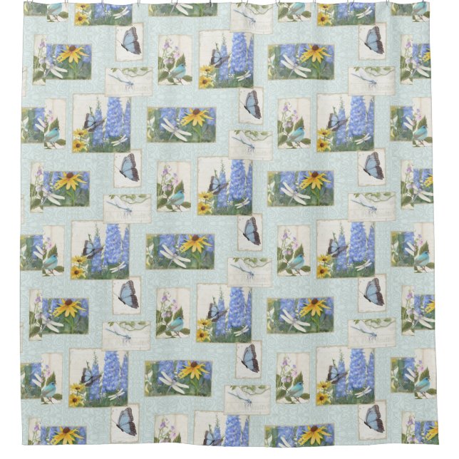 Cortina De Ducha Mariposa Dragonfly n Bird Daisy Delphinium Flower (Anverso)