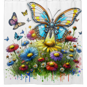 Cortina De Ducha Mariposa Robot y Flores Silvestres
