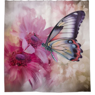 Cortina De Ducha Mariposa soñadora con flores rosas