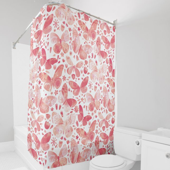 Cortina De Ducha Mariposas Acuarela Coral Rosa (Coral peach blush pink watercolor butterfly pattern shower curtain)