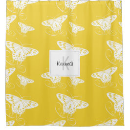Cortina De Ducha Mariposas Blancas Sobre Patrón Amarillo Con Nombre