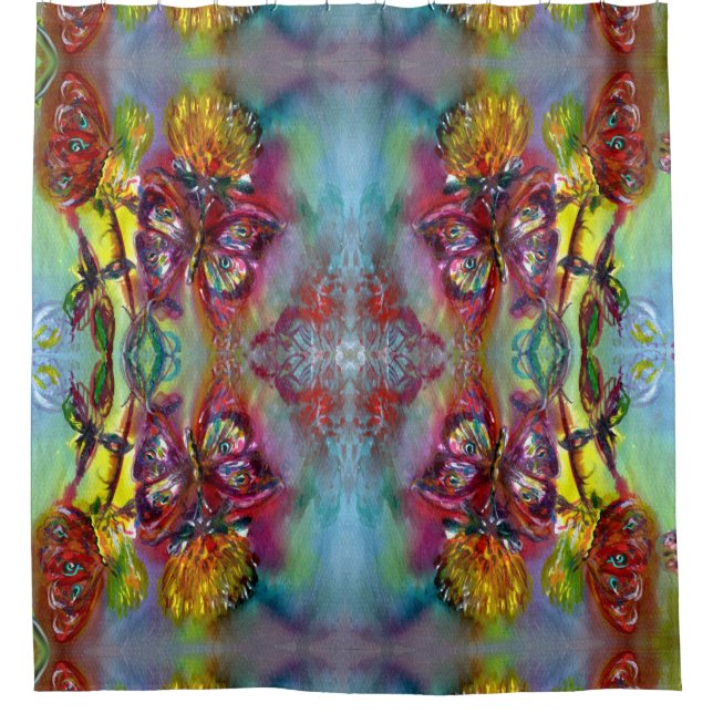 CORTINA DE DUCHA MARIPOSAS ROJAS SOBRE LOS AMARILLOS AMARILLOS,AZUL (Anverso)