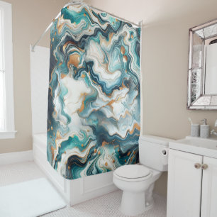 Cortina De Ducha Mármol Ágata Azul Teal Oro Blanco Moderno 