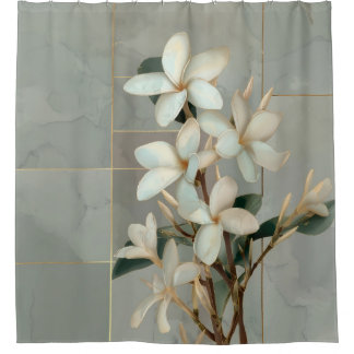 Cortina De Ducha Mármol de línea dorada y magnolia floral blanca