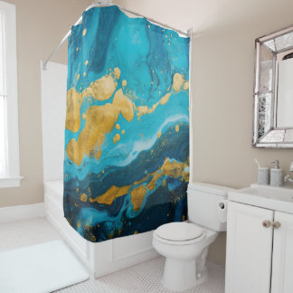 Cortina De Ducha Mármol fluido de lujo turquesa azul teal y oro