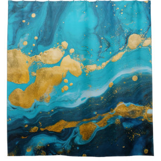 Cortina De Ducha Mármol fluido de lujo turquesa azul teal y oro