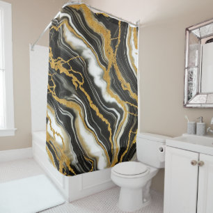 Cortina De Ducha Mármol negro blanco chic con aspecto dorado glamur