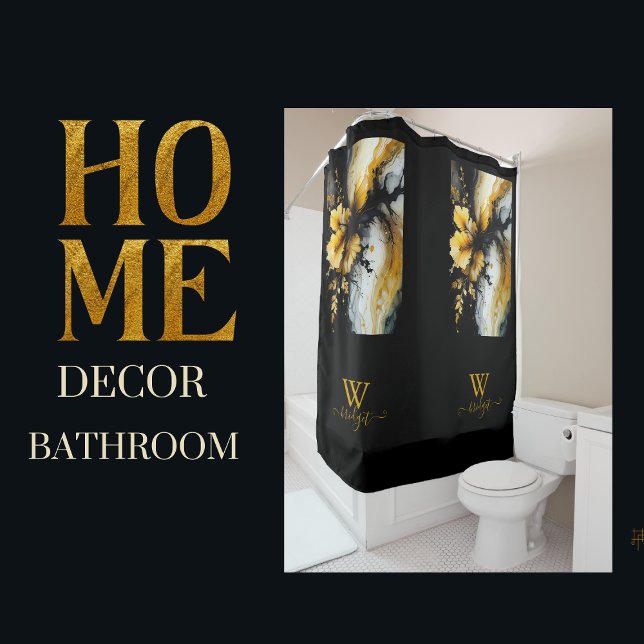 Cortina De Ducha mármol negro de flores de oro (Subido por el creador)