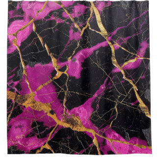 Cortina De Ducha Mármol negro magenta de lujo Kintsugi Venas dorada