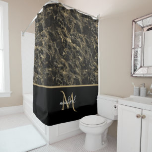 Cortina De Ducha Mármol negro y dorado Monograma Elegante Lujo