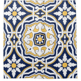 Cortina De Ducha Marroquí azul intenso amarillo intrincado geométri