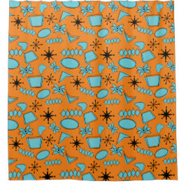 Cortina De Ducha MCM Formas atómicas Turquesa en Naranja