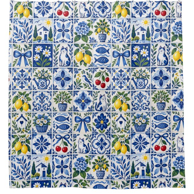 Cortina De Ducha Mediterranean Lemon Blue  (Anverso)