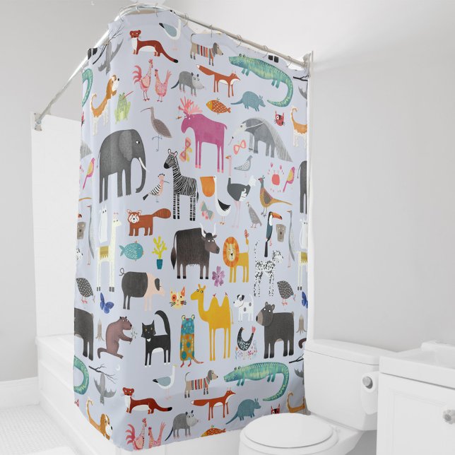 Cortina De Ducha Menagerie animal (Fun animal menagerie with wild, safari, zoo and pet animals and birds pattern shower curtain)