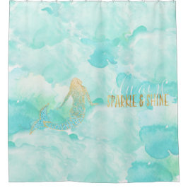 Cortina De Ducha Mermaid Aqua Gold Sparkle