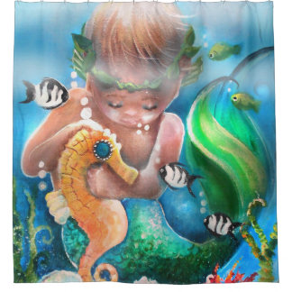 Cortina De Ducha Mermaid baby and seahorse shower curtain