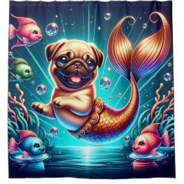 Cortina De Ducha "Mermaid Pug Puppy - Arte De Fantasía Extraño"