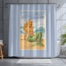 Cortina De Ducha Mermaids Make Waves Retro PinUp Coastal Beach Blue