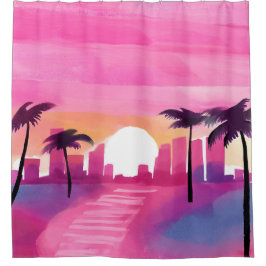 Cortina De Ducha Miami en Rosa | Pintura en Acuarela Brillante