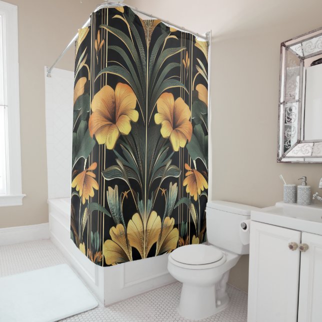 Cortina De Ducha Midnight Gold Bloom Art Deco (In situ)