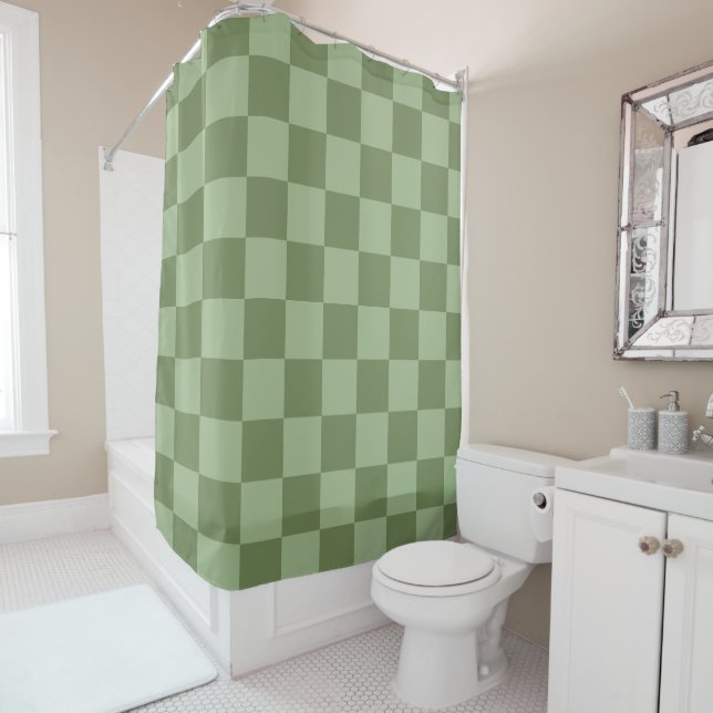 Cortina De Ducha Minimalist Sage Green Checkerboard Pattern (In situ)