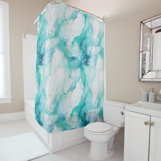 Cortina De Ducha Mint Aqua Ink Marble (In situ)