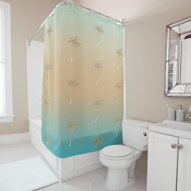 Cortina De Ducha Mint Peach Aqua Tropical Gold Palm Treys (In situ)