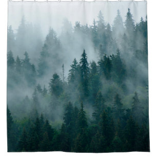 Cortina De Ducha Misty landscape with fir forest in hipster vintage