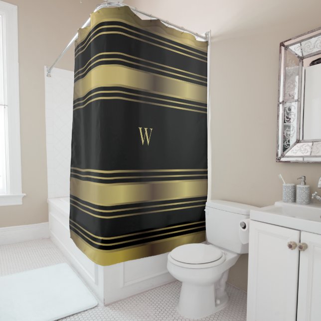 Cortina De Ducha Moda Bandas Negras Y Oro Monogramadas (In situ)