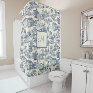 Cortina De Ducha Moda Blue Toile de Jouy Village Scene