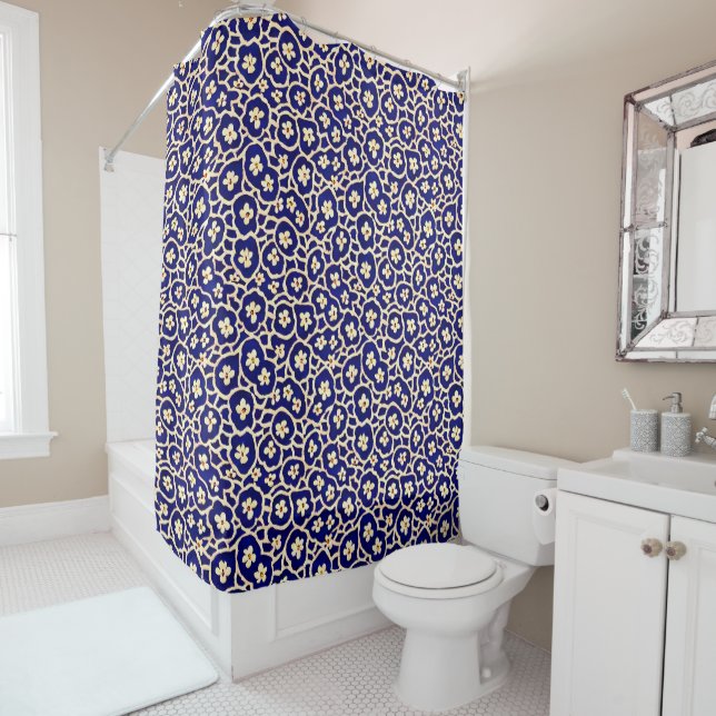 Cortina De Ducha Moda Boho Anemone Dark Blue Pattern (In situ)