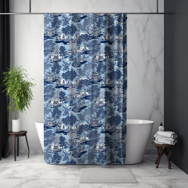 Cortina De Ducha Moda Cabaña chinoiserie de sauce blanco azul