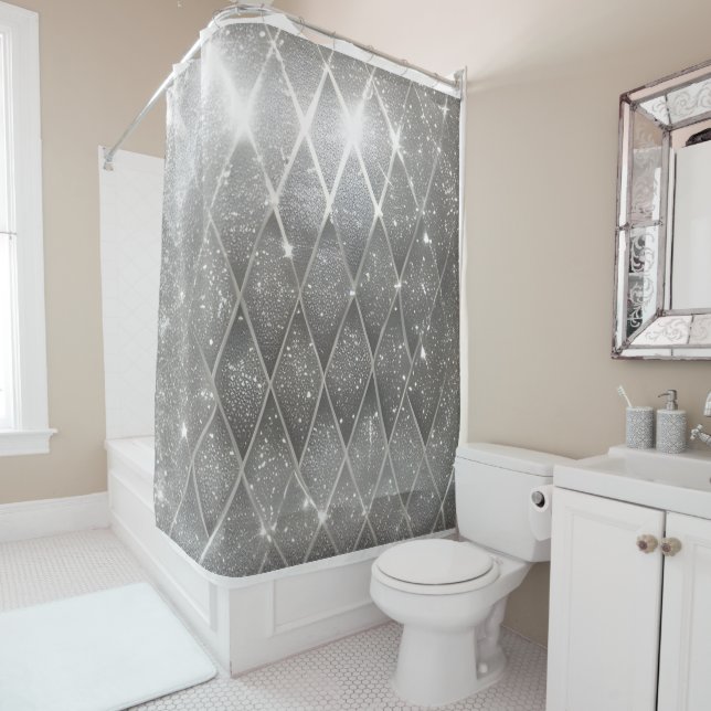 Cortina De Ducha Moda Faux Bling Sparkly Silver moderno (In situ)