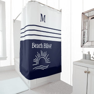 Cortina De Ducha Moda Monograma Marina Blue White Stripes Beach Hou