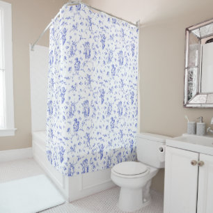 Cortina De Ducha Moda Vintage Cupid Angels Floral Blue White Toile