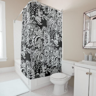 Cortina De Ducha Modelo floral moderno blanco y negro de Paisley