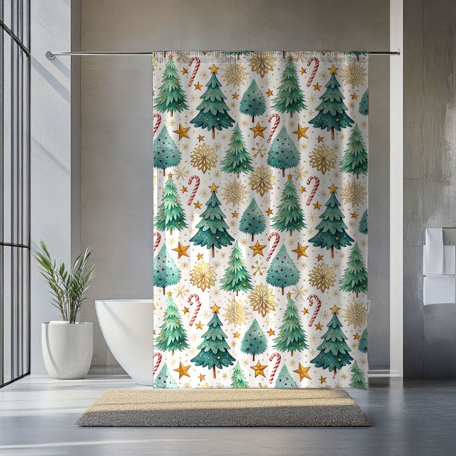 Cortina De Ducha Modern Christmas Trees and Candy Canes Curtain (Modern Christmas Trees and Candy Canes Curtain)