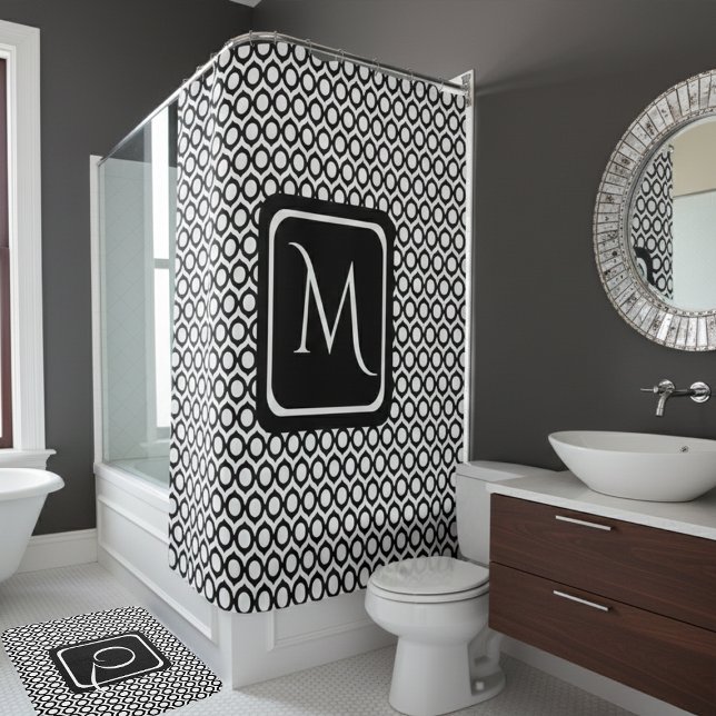 Cortina De Ducha Modern Geometric Monogram Black White (Subido por el creador)