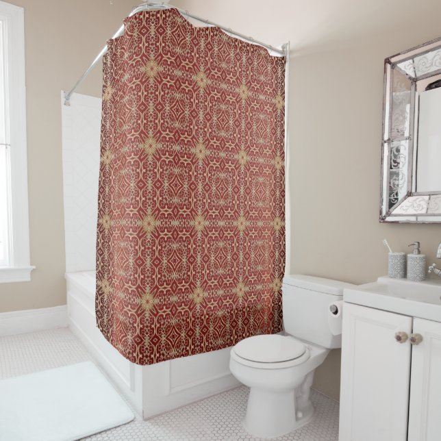 Cortina De Ducha Modern Gold Red Floral Shower Curtain (In situ)