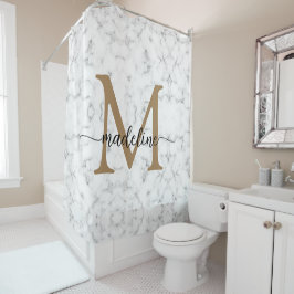 Cortina De Ducha Modern Marble Gold Girly Script Monogram