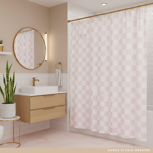 Cortina De Ducha Modern Pink White Checkered Pattern (Subido por el creador)