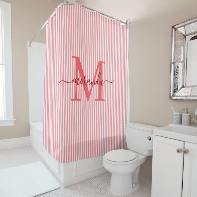 Cortina De Ducha Modern Red & White Stripes Monogram Name (In situ)