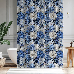 Cortina de ducha moderna floral azul blanca marfil
