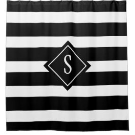 Cortina De Ducha Modernas Rayas Negra Y Blanca Monograma Inicial