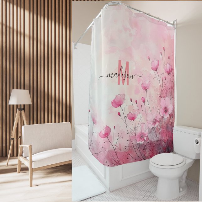 Cortina De Ducha Moderno Chic Monograma Rosa Escritura Elegante Bod (Subido por el creador)