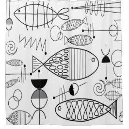 Cortina De Ducha Moderno Mid Century Fish Art Black White