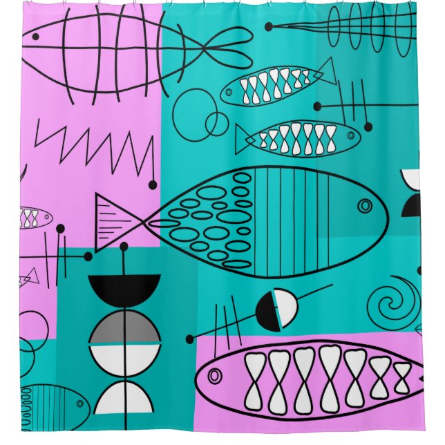 Cortina De Ducha Moderno Mid Century Fish Art Pink Blue (Anverso)