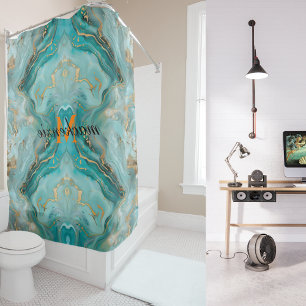 Cortina De Ducha Moderno y elegante Aqua Gold Marble Naranja Monogr