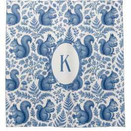 Cortina De Ducha Monogram Blue Chinoiserie Squirrel Woodland