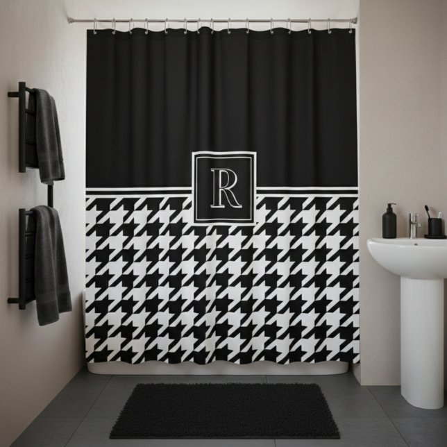 Cortina De Ducha Monogram Houndstooth Pattern Black & White (Subido por el creador)